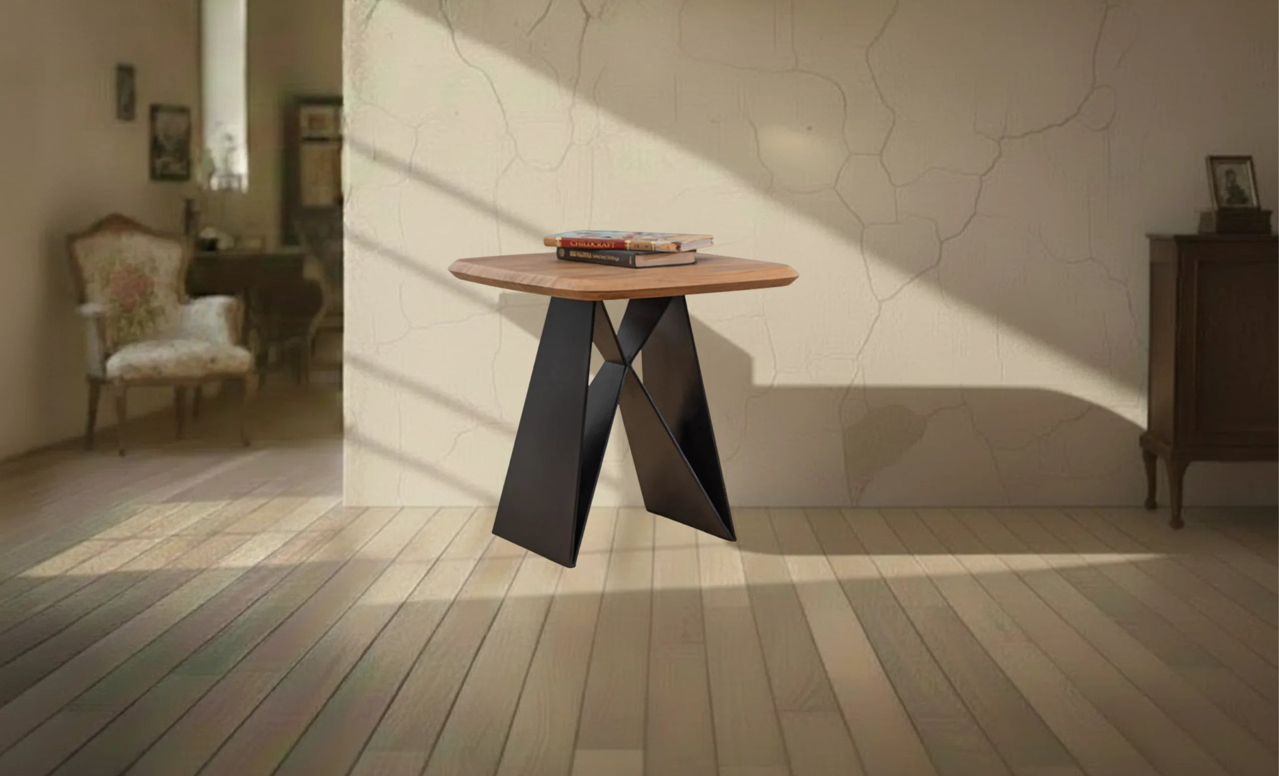 Acacia Wooden End Table With Heavy Iron Base (KBAR102) Acacia Wooden End Table With Heavy Iron Base - Image 1