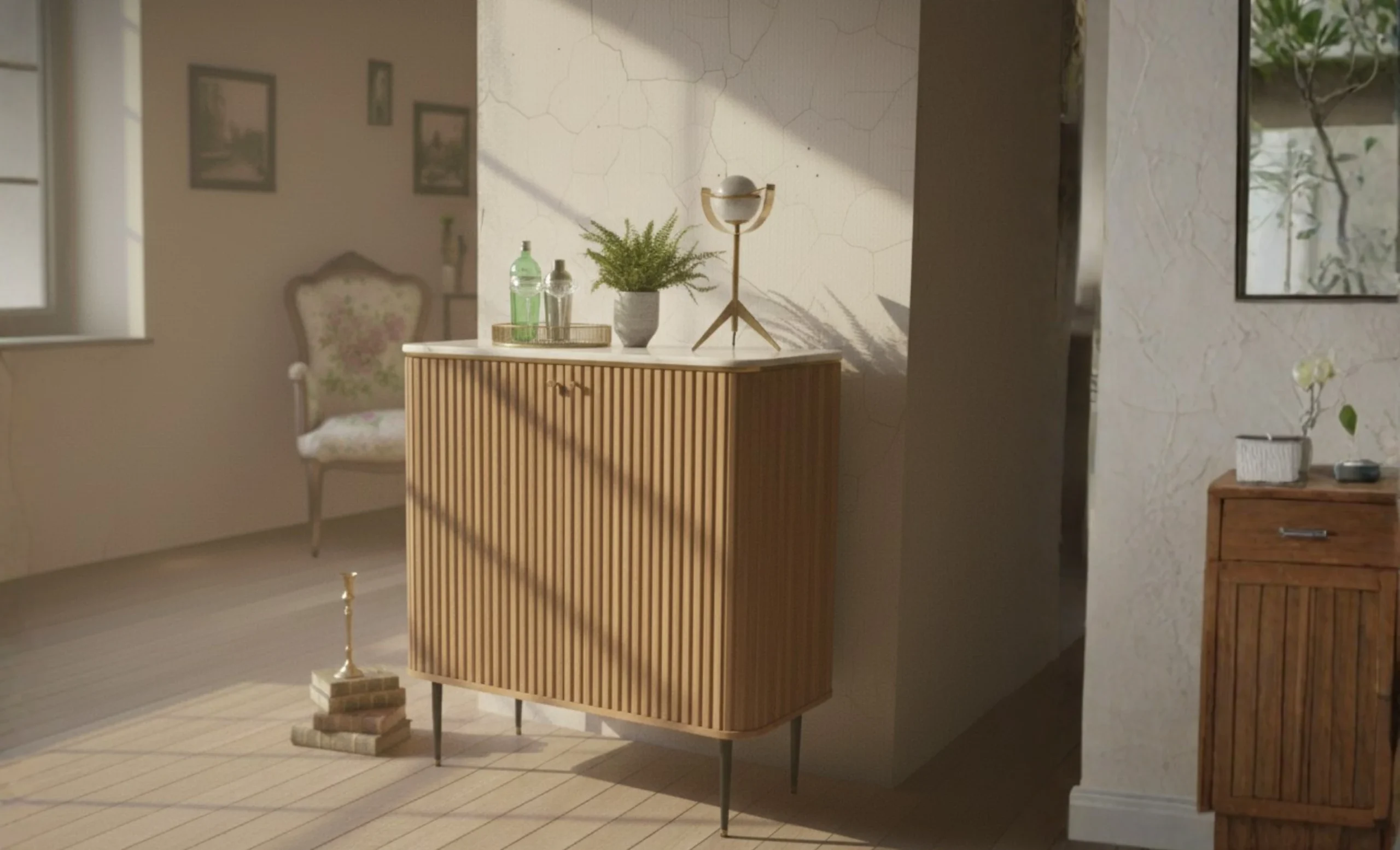 Wooden Bar Cabinet with Marble Top (KBAR038) Wooden Bar Cabinet with Marble Top - Image 1