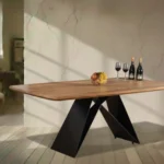 Wooden Dining Table in Solid Acacia Wood in solid 36mm thickness in Teak finished with Iron base in black matt powder coated finished