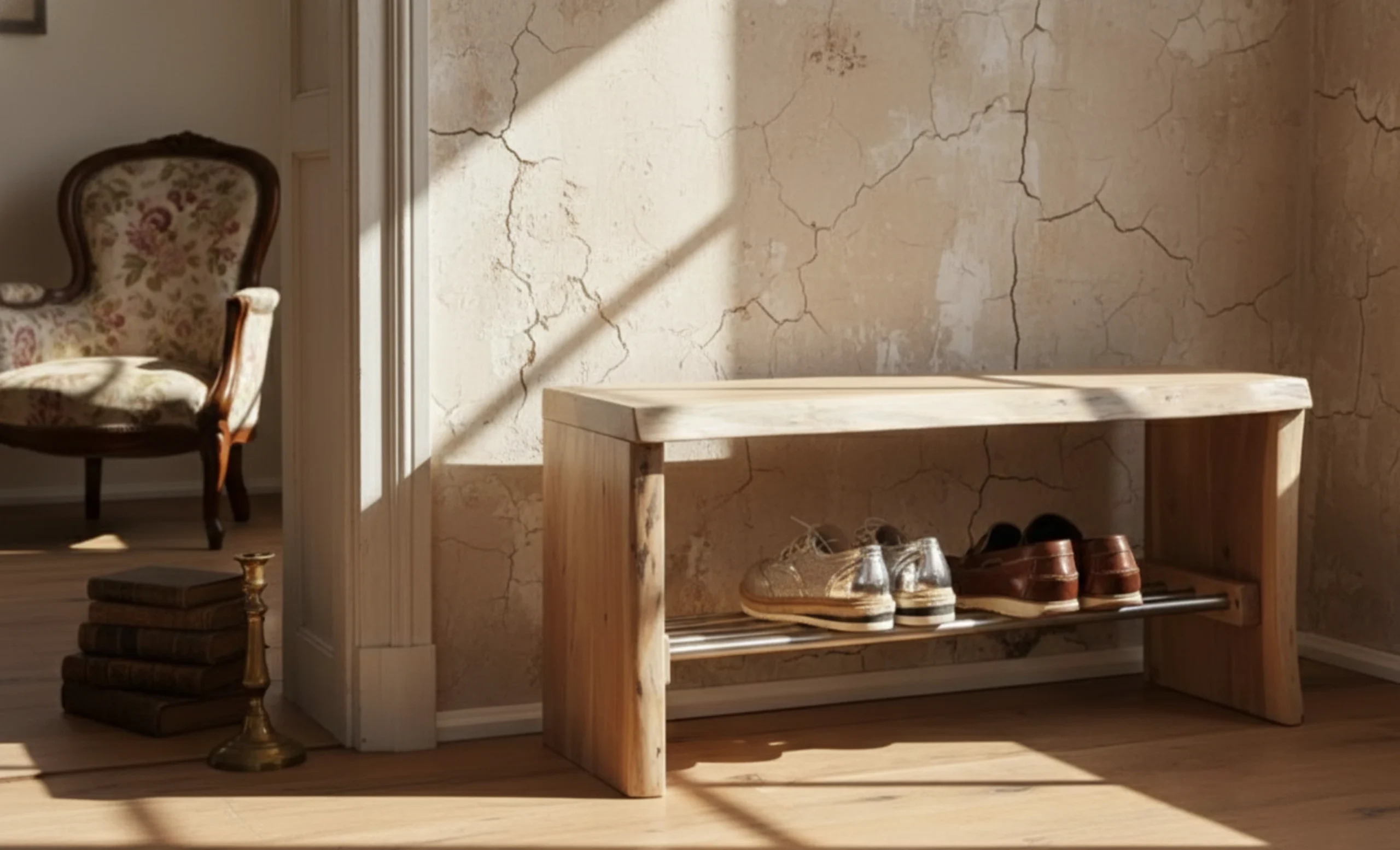 Wooden Live edge Shoe Rack in Natural Finish (KBAR010) Wooden Live edge Shoe Rack in Natural Finish - Image 1